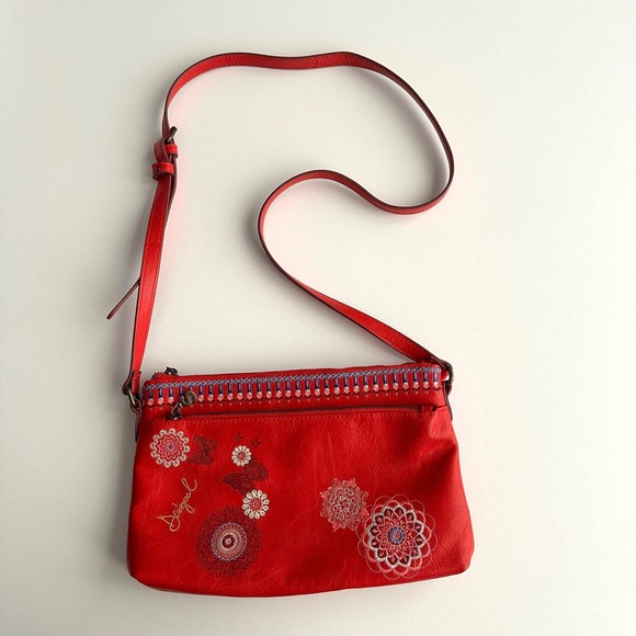 Desigual Vegan Leather Geometric Embroidered Red Crossbody Sling Bag Purse - Picture 1 of 11